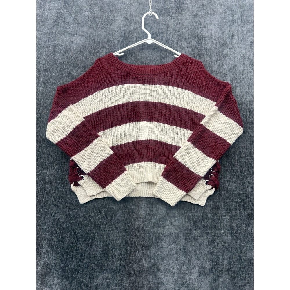 Wild Skyes Cropped Sweater Women Large White Maroon Striped Tight Knit Side Slit